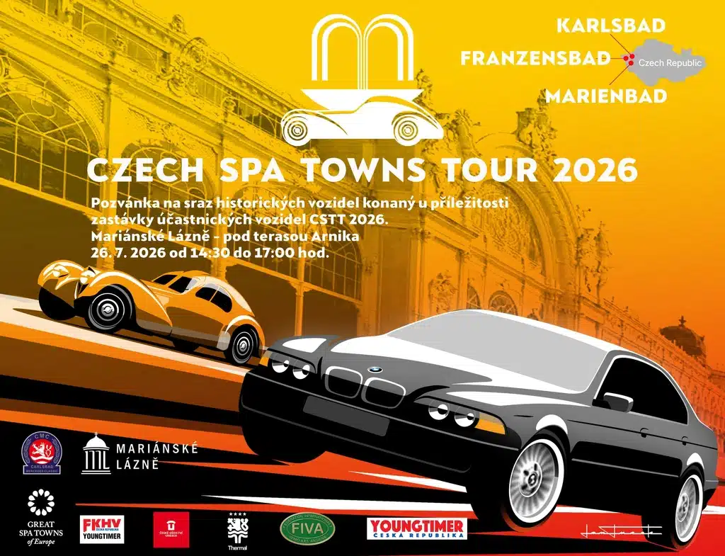 Výstava a setkání historických vozidel a youngtimerů účastnících se mezinárodní akce Czech Spa Towns TOUR 2026.