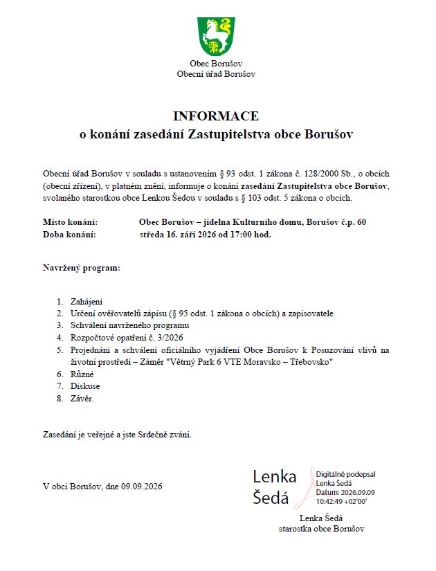 Informace o konání zasedání Zastupitelstva obce Borušov