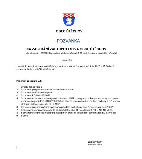 Zasedání zastupitelstva obce Útěchov