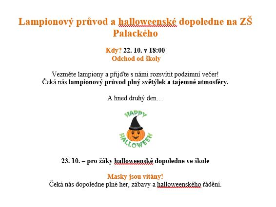 Lampionový průvod a halloweenské dopoledne na ZŠ Palackého