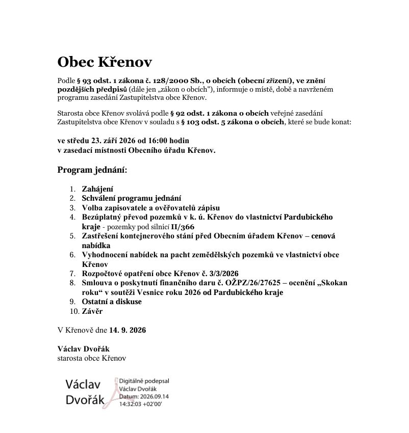 Zasedání zastupitelstva obce Křenov